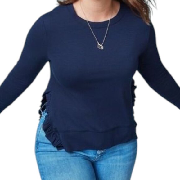 Stella & Dot Long Sleeved Crew Neckline Split Side Ruffled Top - Navy Blue - L - Picture 1 of 10